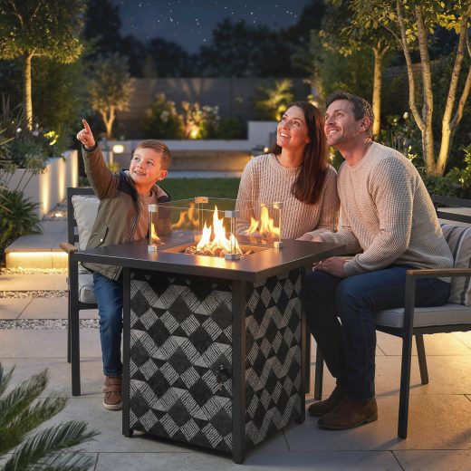 Goatsbeard Gas Fire Pit Table 12 KW with Glass Wind Guard 71cm Black