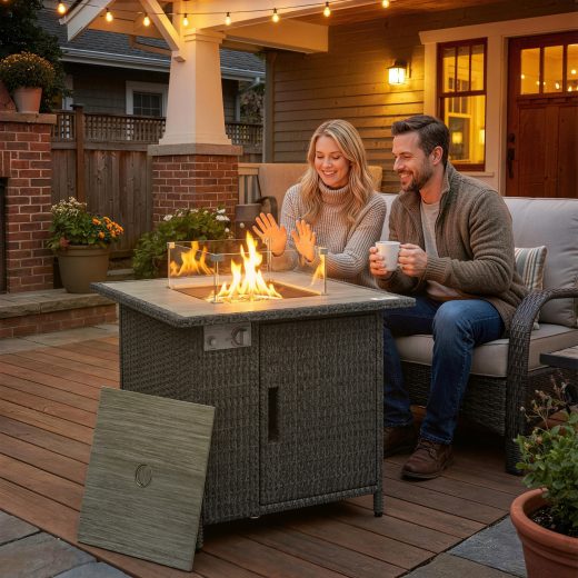 Echium Rattan Gas Fire Pit Dining Table 14.5 KW 71cm Dark Grey